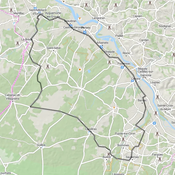 Miniatua del mapa de inspiración ciclista "Ruta en Carretera a Saint-Morillon" en Aquitaine, France. Generado por Tarmacs.app planificador de rutas ciclistas
