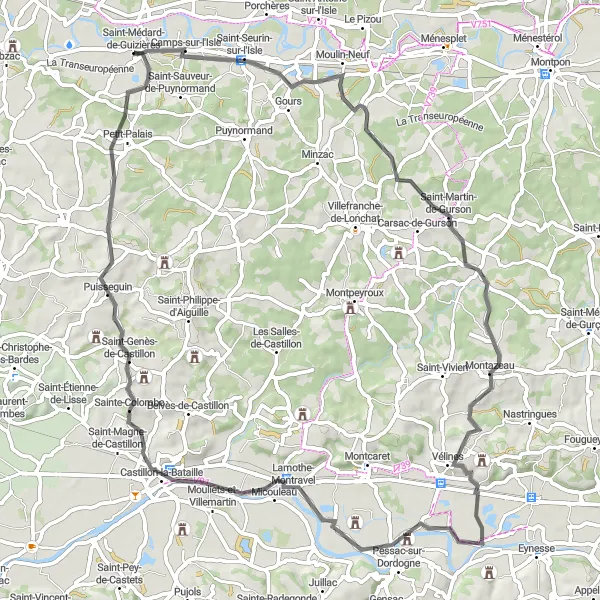 Map miniature of "Vineyards, Rivers, and Historic Towns" cycling inspiration in Aquitaine, France. Generated by Tarmacs.app cycling route planner