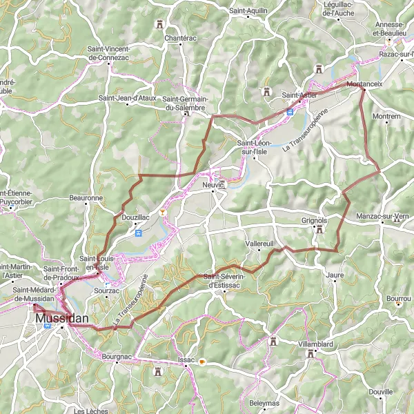 Miniature de la carte de l'inspiration cycliste "Aventure Gravel autour de Mussidan" dans la Aquitaine, France. Générée par le planificateur d'itinéraire cycliste Tarmacs.app