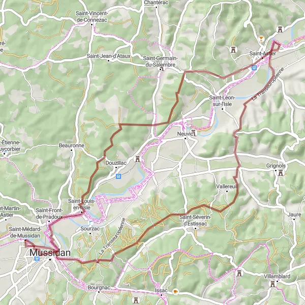 Miniatua del mapa de inspiración ciclista "Ruta de ciclismo de grava en Saint-Médard-de-Mussidan" en Aquitaine, France. Generado por Tarmacs.app planificador de rutas ciclistas