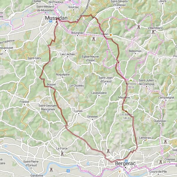 Miniatua del mapa de inspiración ciclista "Ruta de Grava alrededor de Saint-Médard-de-Mussidan" en Aquitaine, France. Generado por Tarmacs.app planificador de rutas ciclistas