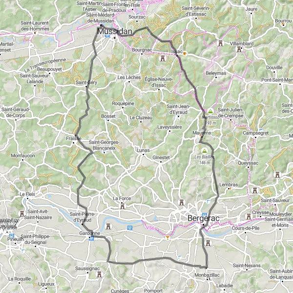 Miniatua del mapa de inspiración ciclista "Ruta de ciclismo de carretera por Bergerac" en Aquitaine, France. Generado por Tarmacs.app planificador de rutas ciclistas