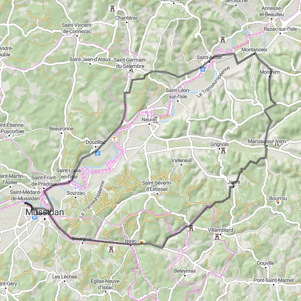 Miniatua del mapa de inspiración ciclista "Ruta de Ciclismo en Carretera hacia Mussidan" en Aquitaine, France. Generado por Tarmacs.app planificador de rutas ciclistas