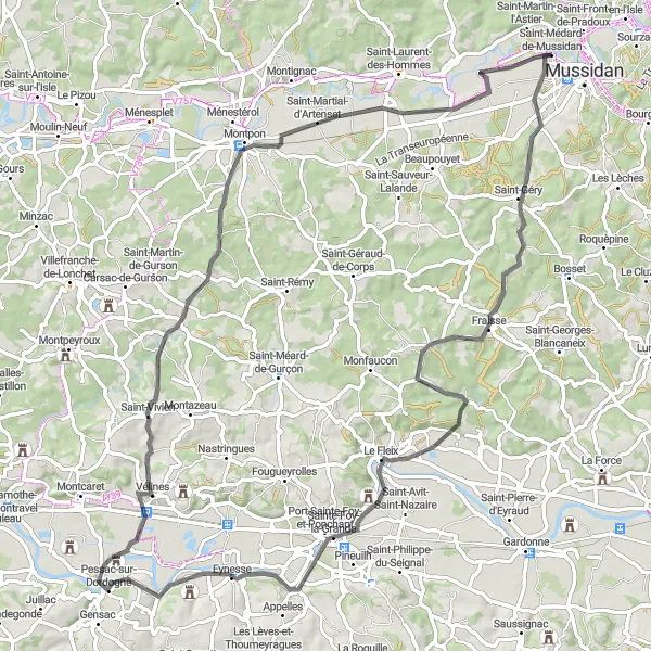 Miniatua del mapa de inspiración ciclista "Ruta de ciclismo de carretera a Eynesse" en Aquitaine, France. Generado por Tarmacs.app planificador de rutas ciclistas
