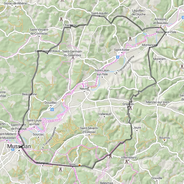 Miniatua del mapa de inspiración ciclista "Ruta Escénica a través de Beauronne" en Aquitaine, France. Generado por Tarmacs.app planificador de rutas ciclistas