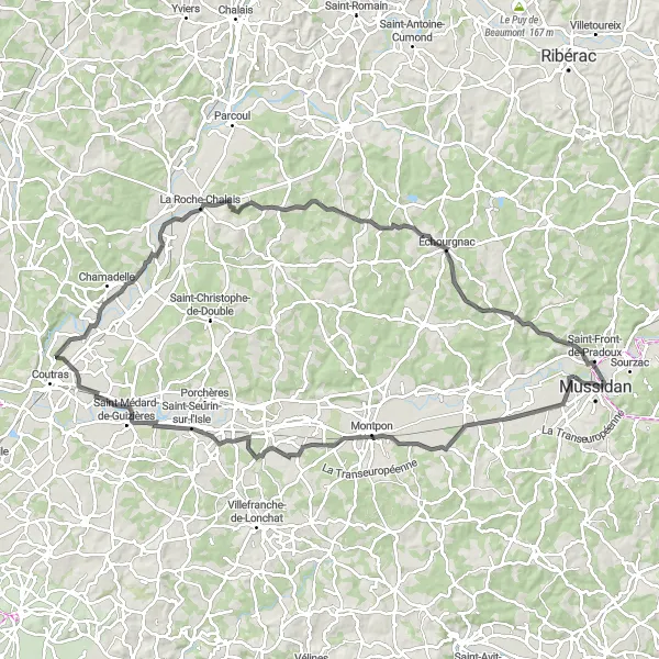 Map miniature of "Camps-sur-l'Isle Road Loop" cycling inspiration in Aquitaine, France. Generated by Tarmacs.app cycling route planner