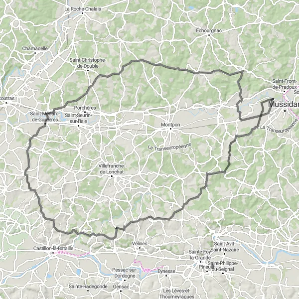 Miniature de la carte de l'inspiration cycliste "Circuit de vignobles autour de Saint-Médard-de-Mussidan" dans la Aquitaine, France. Générée par le planificateur d'itinéraire cycliste Tarmacs.app