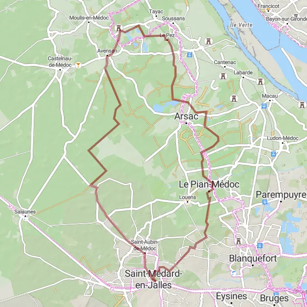 Miniatua del mapa de inspiración ciclista "Ruta Aventura en Médoc" en Aquitaine, France. Generado por Tarmacs.app planificador de rutas ciclistas