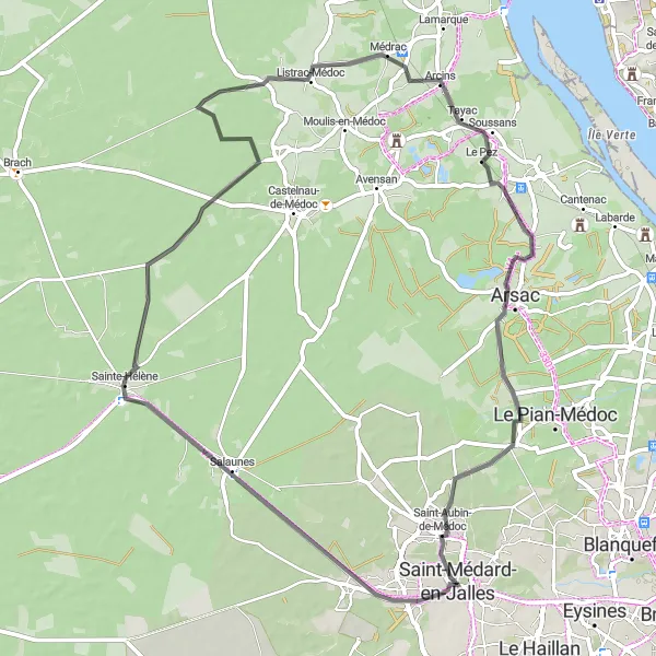 Map miniature of "Medoc Magic" cycling inspiration in Aquitaine, France. Generated by Tarmacs.app cycling route planner
