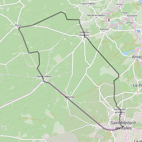 Miniatua del mapa de inspiración ciclista "Ruta escénica hacia Castelnau-de-Médoc" en Aquitaine, France. Generado por Tarmacs.app planificador de rutas ciclistas