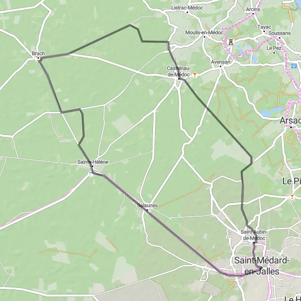 Map miniature of "Castelnau-de-Médoc Loop" cycling inspiration in Aquitaine, France. Generated by Tarmacs.app cycling route planner