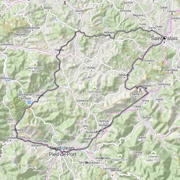 Map miniature of "Scenic Country Roads: Saint-Palais to Col d'Ipharlatze" cycling inspiration in Aquitaine, France. Generated by Tarmacs.app cycling route planner