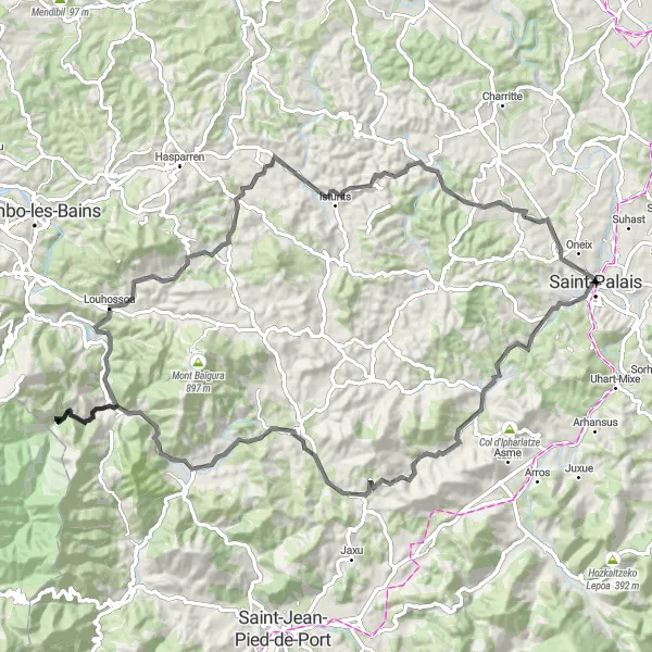 Map miniature of "Mountain Adventure: Saint-Palais to Saint-Martin" cycling inspiration in Aquitaine, France. Generated by Tarmacs.app cycling route planner