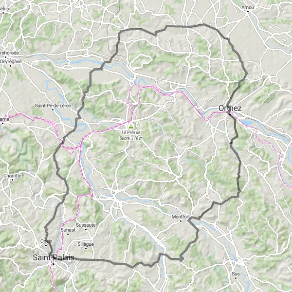 Miniatua del mapa de inspiración ciclista "Excursión en Bicicleta por los Pueblos de Béarn" en Aquitaine, France. Generado por Tarmacs.app planificador de rutas ciclistas