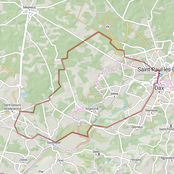 Miniature de la carte de l'inspiration cycliste "Aventure Gravel à travers les Terres Aquitaines" dans la Aquitaine, France. Générée par le planificateur d'itinéraire cycliste Tarmacs.app