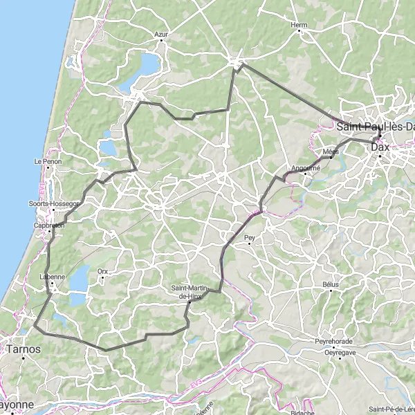 Map miniature of "Coastal Journey: Capbreton and Seignosse" cycling inspiration in Aquitaine, France. Generated by Tarmacs.app cycling route planner