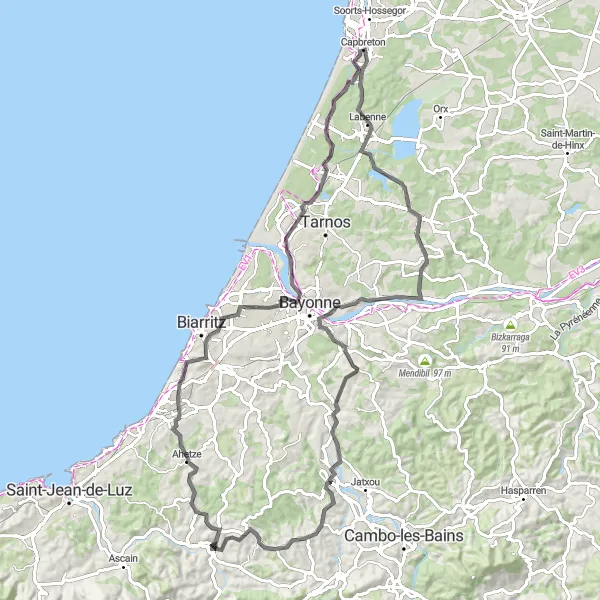 Map miniature of "Coastal Retreat" cycling inspiration in Aquitaine, France. Generated by Tarmacs.app cycling route planner