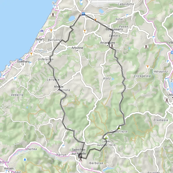 Map miniature of "Exploring the Basque Countryside" cycling inspiration in Aquitaine, France. Generated by Tarmacs.app cycling route planner