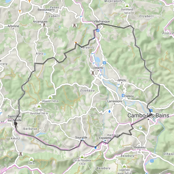 Miniature de la carte de l'inspiration cycliste "Les Châteaux et Collines Basques" dans la Aquitaine, France. Générée par le planificateur d'itinéraire cycliste Tarmacs.app