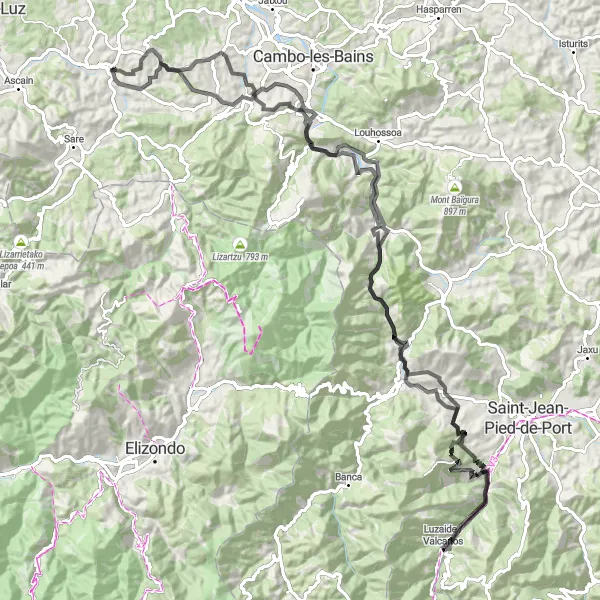 Miniature de la carte de l'inspiration cycliste "Les Défis des Montagnes Basques" dans la Aquitaine, France. Générée par le planificateur d'itinéraire cycliste Tarmacs.app