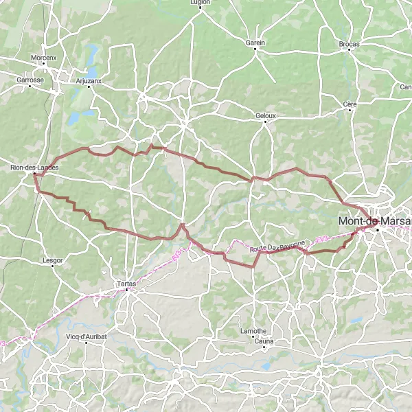 Miniature de la carte de l'inspiration cycliste "Aventure Gravel à Carcen-Ponson" dans la Aquitaine, France. Générée par le planificateur d'itinéraire cycliste Tarmacs.app