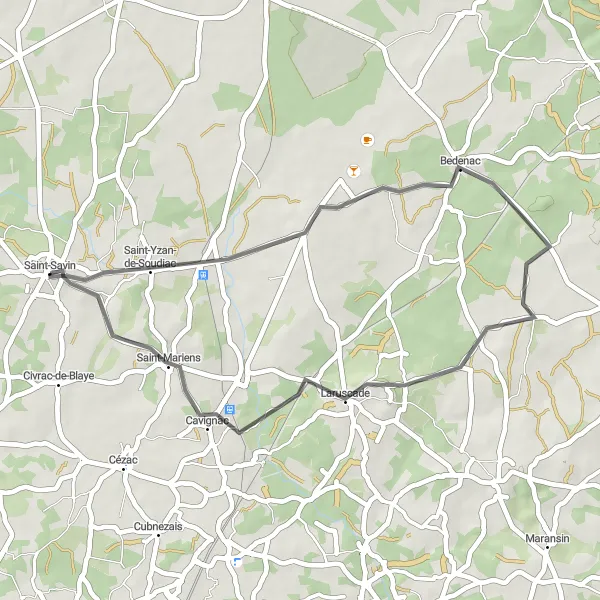 Map miniature of "Charming Countryside Ride from Saint-Yzan-de-Soudiac to Saint-Savin" cycling inspiration in Aquitaine, France. Generated by Tarmacs.app cycling route planner