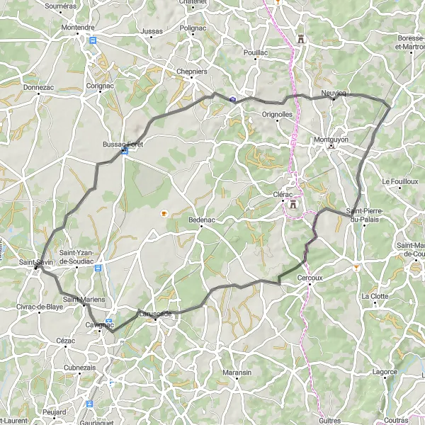 Miniatua del mapa de inspiración ciclista "Ruta de 72km en carretera cerca de Saint-Savin" en Aquitaine, France. Generado por Tarmacs.app planificador de rutas ciclistas
