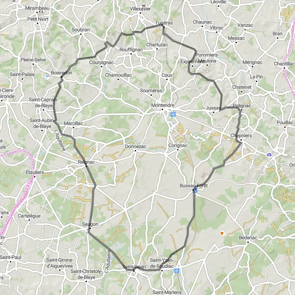 Map miniature of "Picturesque Road Cycling in Saugon" cycling inspiration in Aquitaine, France. Generated by Tarmacs.app cycling route planner