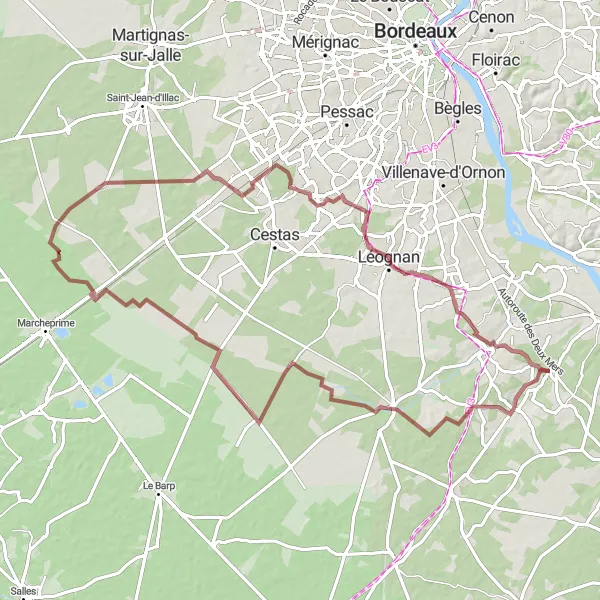 Miniature de la carte de l'inspiration cycliste "Les Sentiers Sauvages de Saucats et Léognan" dans la Aquitaine, France. Générée par le planificateur d'itinéraire cycliste Tarmacs.app