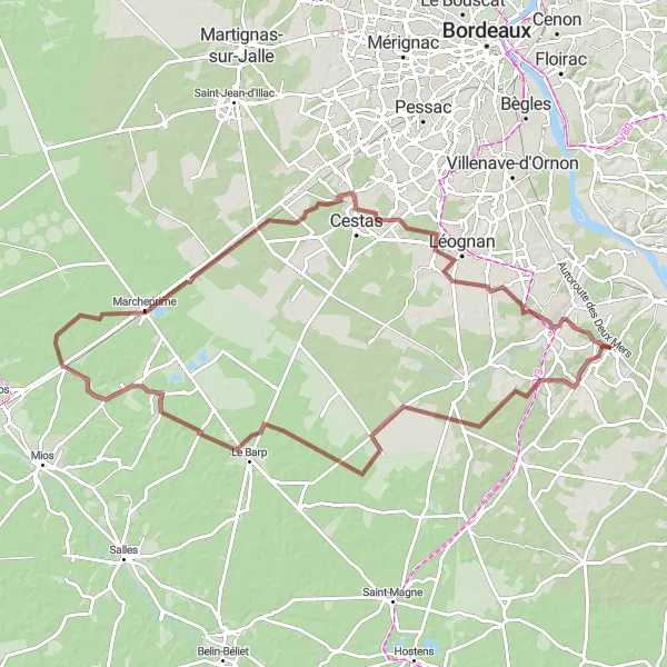 Miniature de la carte de l'inspiration cycliste "Les Landes Sauvages" dans la Aquitaine, France. Générée par le planificateur d'itinéraire cycliste Tarmacs.app