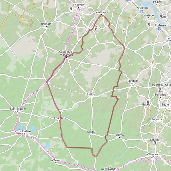 Map miniature of "Charming Gravel Ride near Saint-Selve" cycling inspiration in Aquitaine, France. Generated by Tarmacs.app cycling route planner