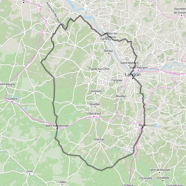 Map miniature of "Scenic Road Cycling Adventure near Saint-Selve" cycling inspiration in Aquitaine, France. Generated by Tarmacs.app cycling route planner