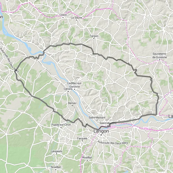 Map miniature of "Discovering Langoiran" cycling inspiration in Aquitaine, France. Generated by Tarmacs.app cycling route planner