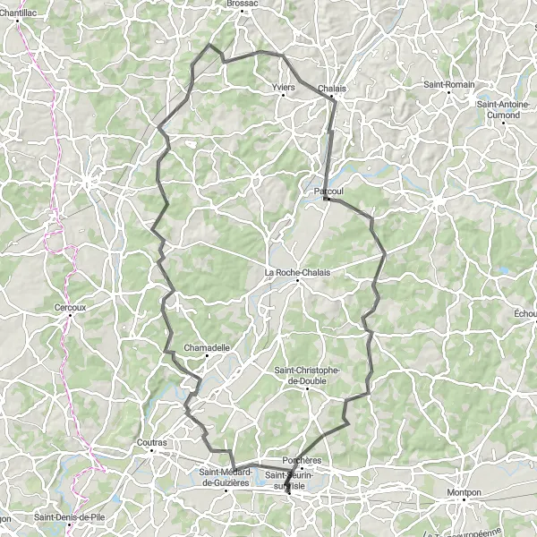 Miniature de la carte de l'inspiration cycliste "La route des châteaux" dans la Aquitaine, France. Générée par le planificateur d'itinéraire cycliste Tarmacs.app