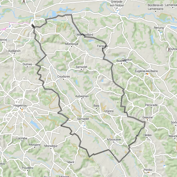 Map miniature of "Scenic Route to Payros-Cazautets" cycling inspiration in Aquitaine, France. Generated by Tarmacs.app cycling route planner