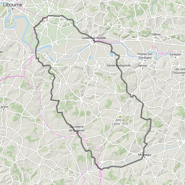 Map miniature of "The Castle Circuit: A Historic Journey through Aquitaine" cycling inspiration in Aquitaine, France. Generated by Tarmacs.app cycling route planner