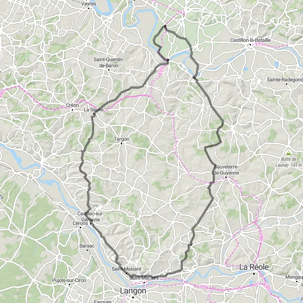 Map miniature of "The Bordeaux Loop: A Journey through Medieval Castles" cycling inspiration in Aquitaine, France. Generated by Tarmacs.app cycling route planner