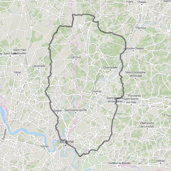 Map miniature of "The Château Trail: Discovering Aquitaine's Architectural Gems" cycling inspiration in Aquitaine, France. Generated by Tarmacs.app cycling route planner