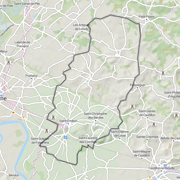 Miniature de la carte de l'inspiration cycliste "Itinéraire viticole" dans la Aquitaine, France. Générée par le planificateur d'itinéraire cycliste Tarmacs.app