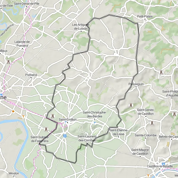 Map miniature of "Grand Mayne and Lescours Loop" cycling inspiration in Aquitaine, France. Generated by Tarmacs.app cycling route planner