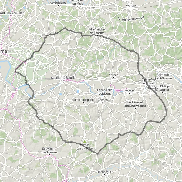 Map miniature of "The Vineyards of Saint-Sulpice-de-Faleyrens" cycling inspiration in Aquitaine, France. Generated by Tarmacs.app cycling route planner