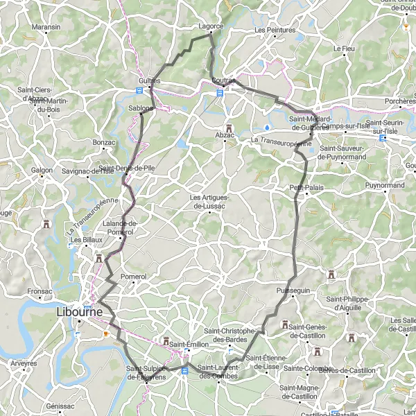Map miniature of "Lescours and Coutras Round Trip" cycling inspiration in Aquitaine, France. Generated by Tarmacs.app cycling route planner
