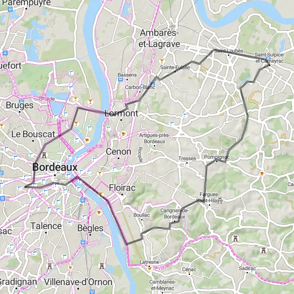 Miniatua del mapa de inspiración ciclista "Viaje en Bicicleta por Paisajes Escénicos" en Aquitaine, France. Generado por Tarmacs.app planificador de rutas ciclistas