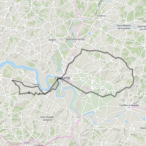 Miniatua del mapa de inspiración ciclista "Recorrido a la Torre del Rey desde Arveyres" en Aquitaine, France. Generado por Tarmacs.app planificador de rutas ciclistas