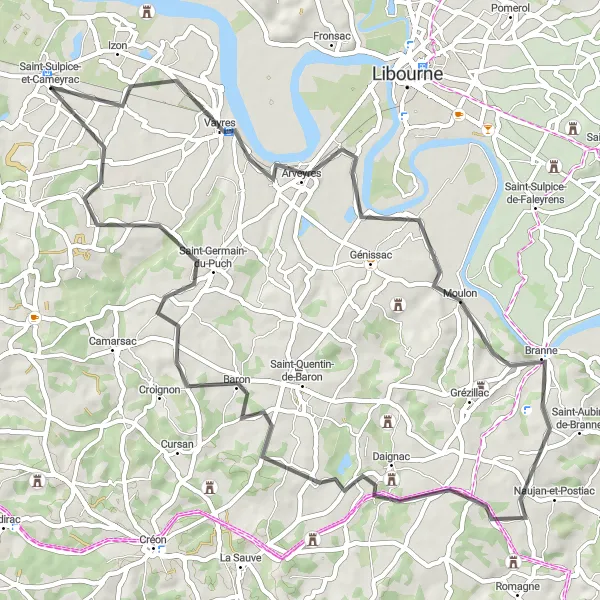 Miniatua del mapa de inspiración ciclista "Recorrido escénico por Arveyres, Lugaignac, Camiac-et-Saint-Denis y Beychac-et-Caillau" en Aquitaine, France. Generado por Tarmacs.app planificador de rutas ciclistas