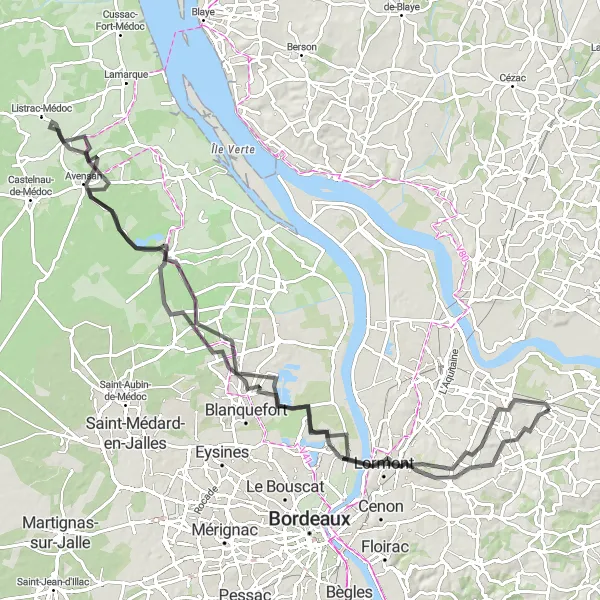Miniatua del mapa de inspiración ciclista "Ruta escénica hasta Saint-Sulpice-et-Cameyrac" en Aquitaine, France. Generado por Tarmacs.app planificador de rutas ciclistas