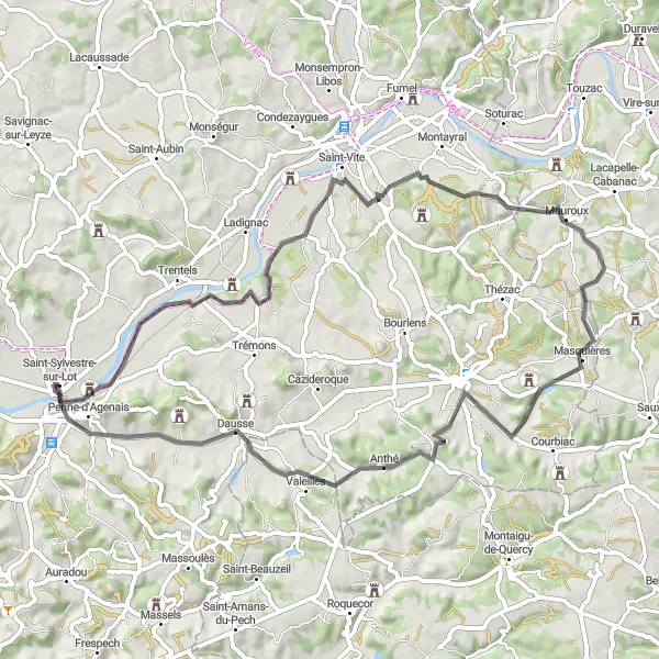 Miniature de la carte de l'inspiration cycliste "Châteaux et bastides du Lot" dans la Aquitaine, France. Générée par le planificateur d'itinéraire cycliste Tarmacs.app