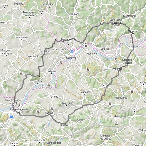 Miniature de la carte de l'inspiration cycliste "Châteaux et villages du Lot" dans la Aquitaine, France. Générée par le planificateur d'itinéraire cycliste Tarmacs.app