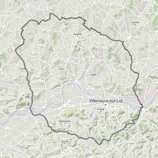 Miniature de la carte de l'inspiration cycliste "Châteaux et panoramas du Lot-et-Garonne" dans la Aquitaine, France. Générée par le planificateur d'itinéraire cycliste Tarmacs.app