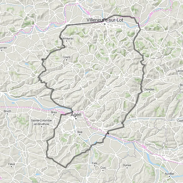 Miniature de la carte de l'inspiration cycliste "Parcours de Villeneuve-sur-Lot" dans la Aquitaine, France. Générée par le planificateur d'itinéraire cycliste Tarmacs.app